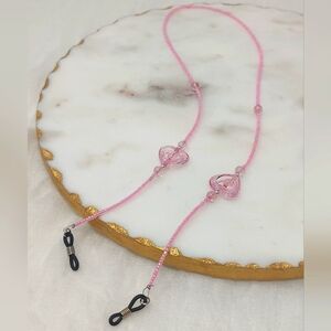 Handmade Pink Beaded Eyewear Chain With Heart Accents